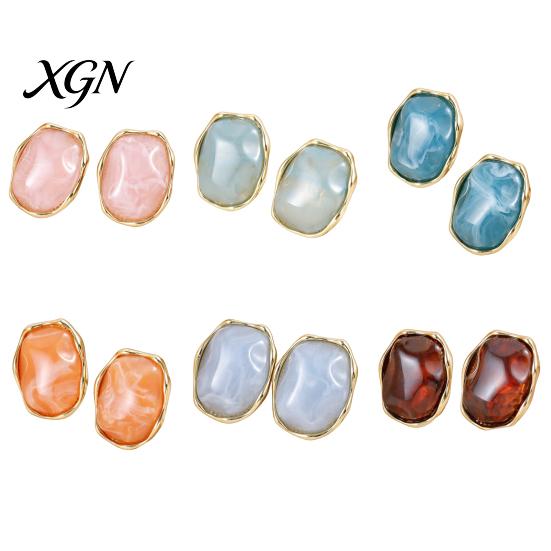 Gift for Her on Birthday 1 Pair Natural Healing Stone Stud Earrings Women, Gold Lightweight Daily Wear Plated Oval Resin Earrings, Faux Crystal