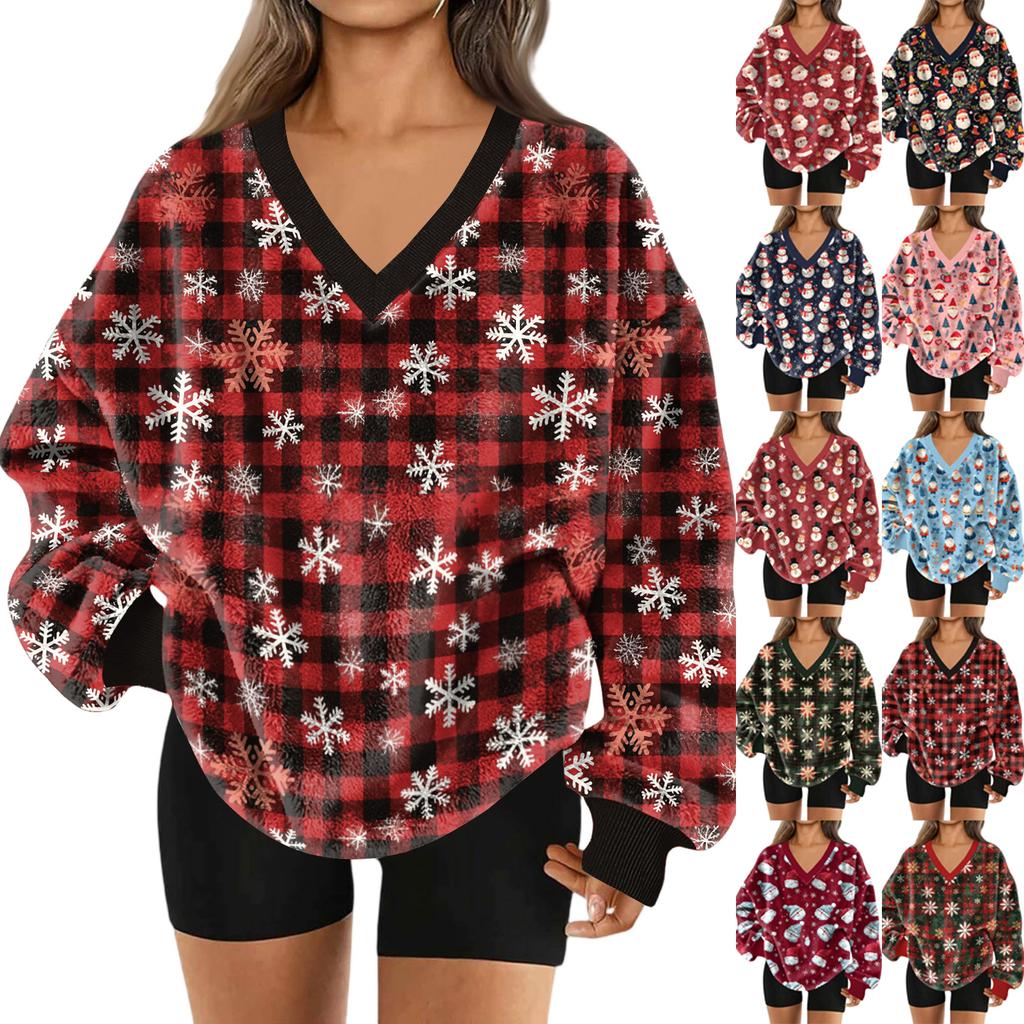 Women's V-Neck Sweatshirt Plush Solid Color Casual Fashion Long Sleeve With Pocketed Pullover Top