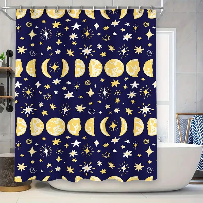 

Charming Moon Phases Stars Printed Shower Curtain Navy Blue Yellow Decor Fabric Water Repellent Bathtub Curtain Set For Bathroom W60H190(CM)-1 Pcs