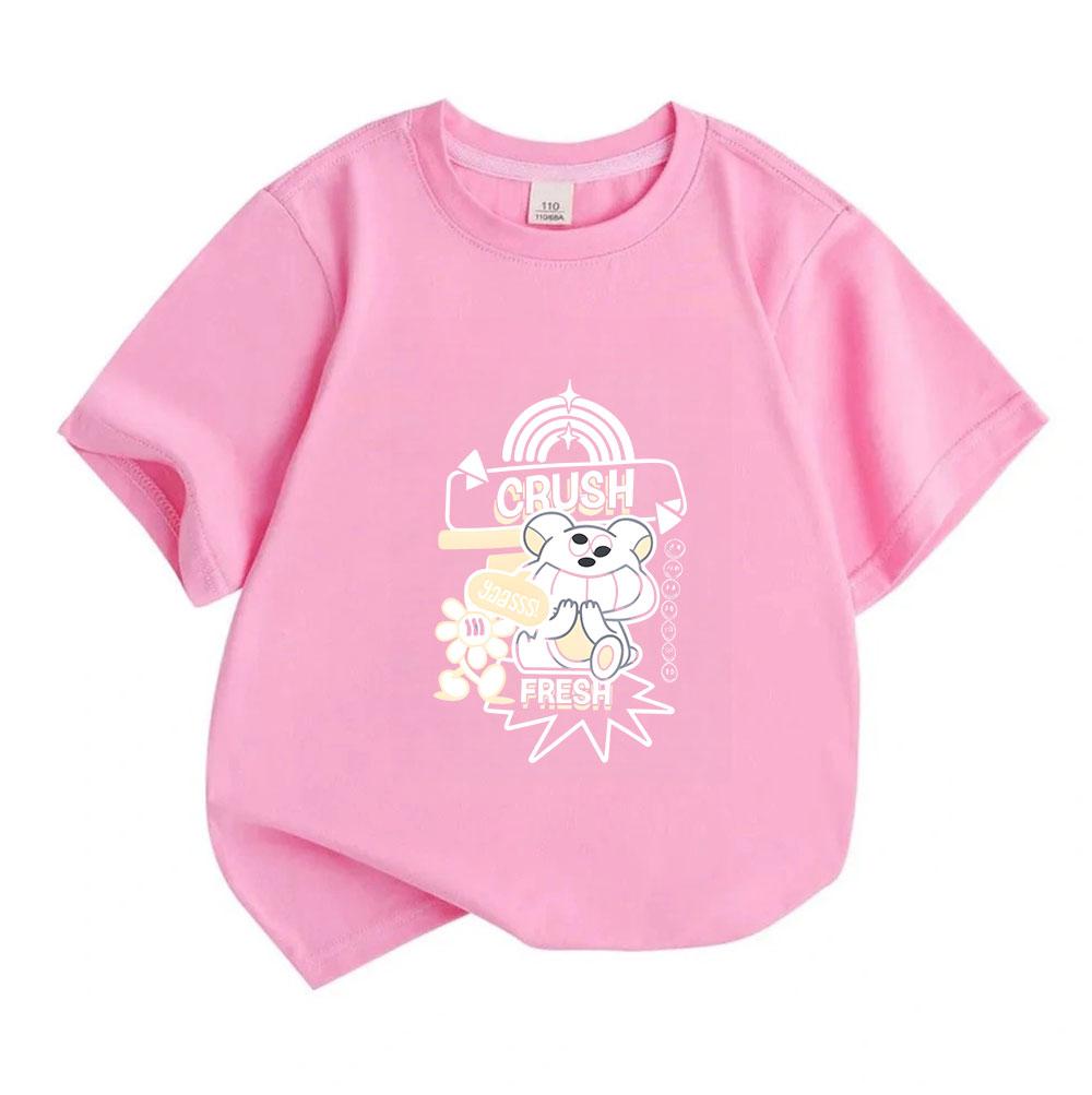 Kids Boys Girls 100% Cotton Crew Neck Short Sleeve T-Shirt, Cute Cartoon Bear CRUSH Print Casual Soft Lightweight Summer Tee for Children Daily Wear