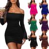 Damen Off-Shoulder Langarm Bodycon Faltenkleid Abendkleid