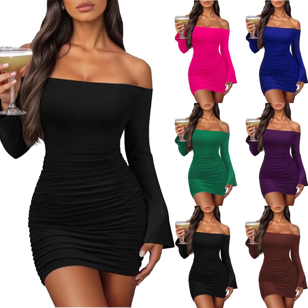 Damen Off-Shoulder Langarm Bodycon Faltenkleid Abendkleid
