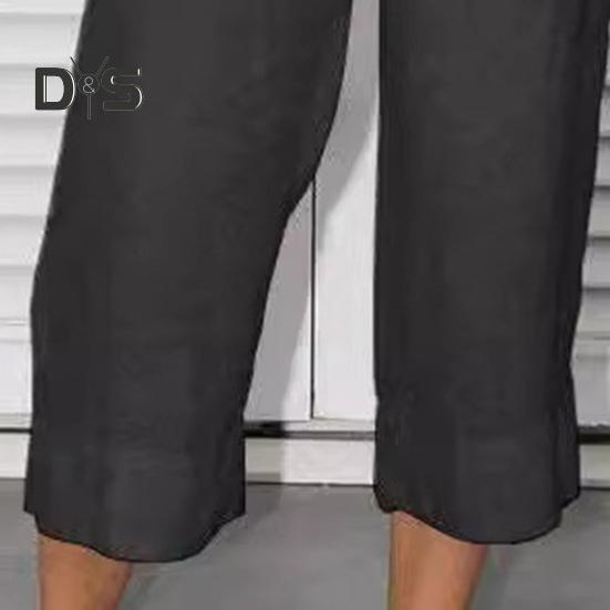 Women Pants Elastic Waist Mid-rise Wide-Leg Casual Pants with Pockets Solid Color Long Trousers Daily Wear