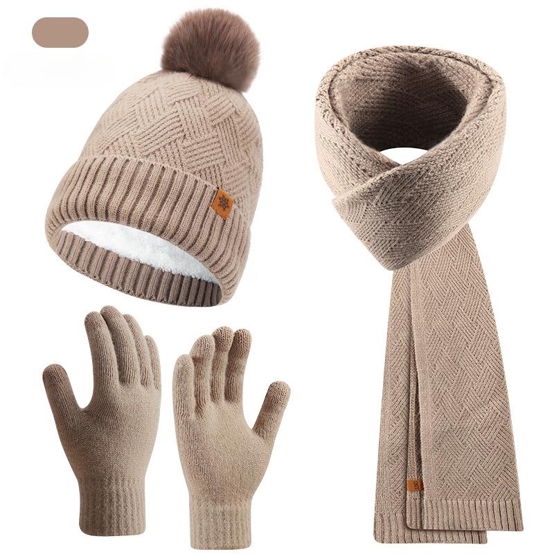 Knitted Hat, Scarf and Gloves Three-piece Set for Women, Autumn and Winter Outdoor Warm Double-layer Wool Knitted Hat