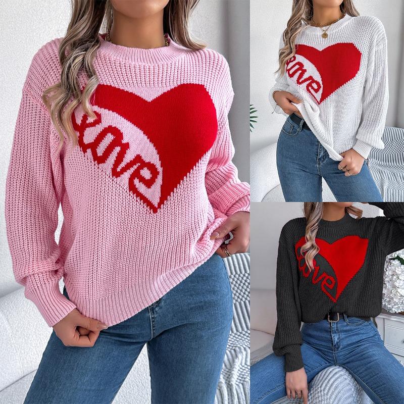 Autumn and Winter Women's Casual Valentine's Day Clash of Colours Love Long Sleeve Pullover Sweater