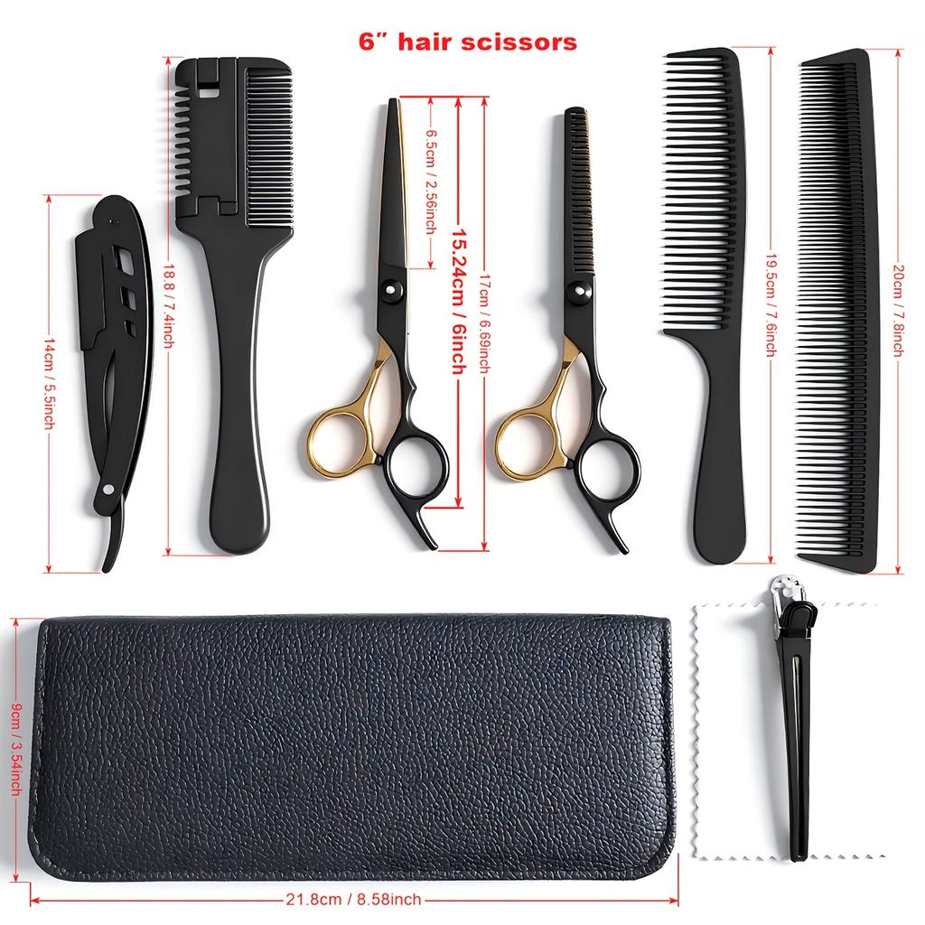 6 Inch All-in-One Professional Hair Cutting Kit Complete Salon Scissors Set with Straight Thinning Shears Styling Comb Case for Home Haircuts