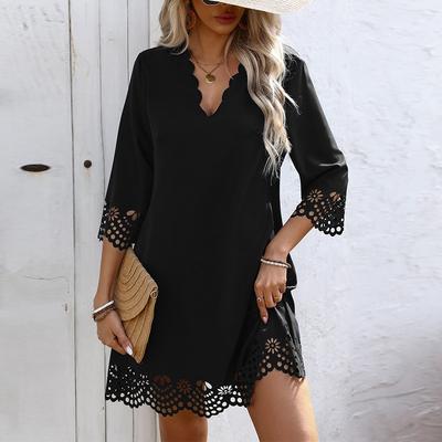 Summer Half Sleeve Lace Casual Dress V Neck Loose Women Fashion Elegant A-line Simple Party Short Dresses Solid Color Office Women's Clothing