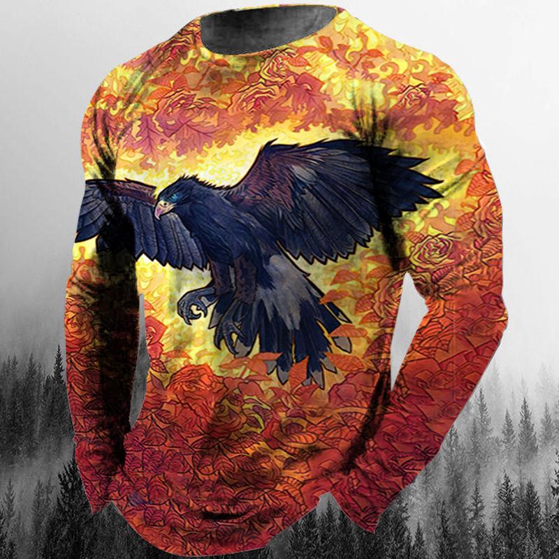 Spring and Autumn Round Neck 3D Animal Eagle Graphic Printed Top Fashionable Casual Hip Hop Long Sleeved Men's T-shirts