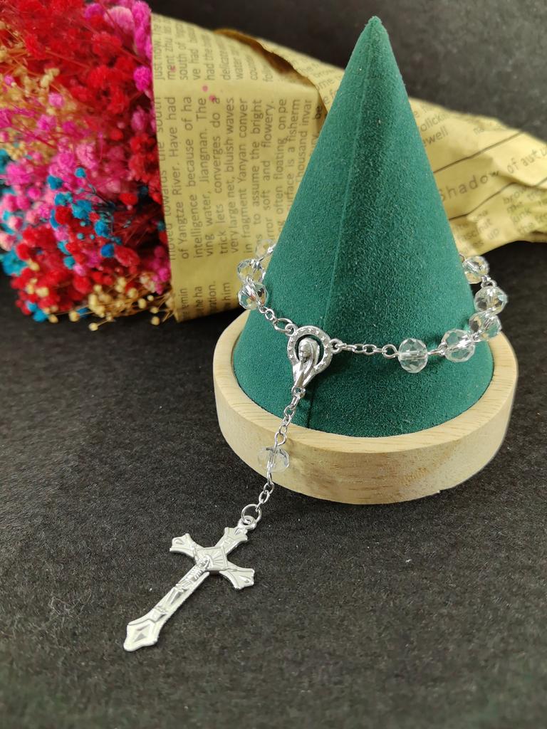 Hot selling pink crystal cross prayer bead pendant necklace and bracelets jewellry set for Christian