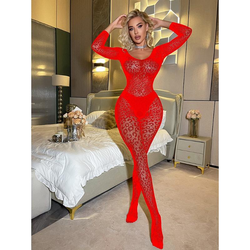 Sexy underwear open sexy one-piece long-sleeved silky perspective one-word shoulder tights mesh