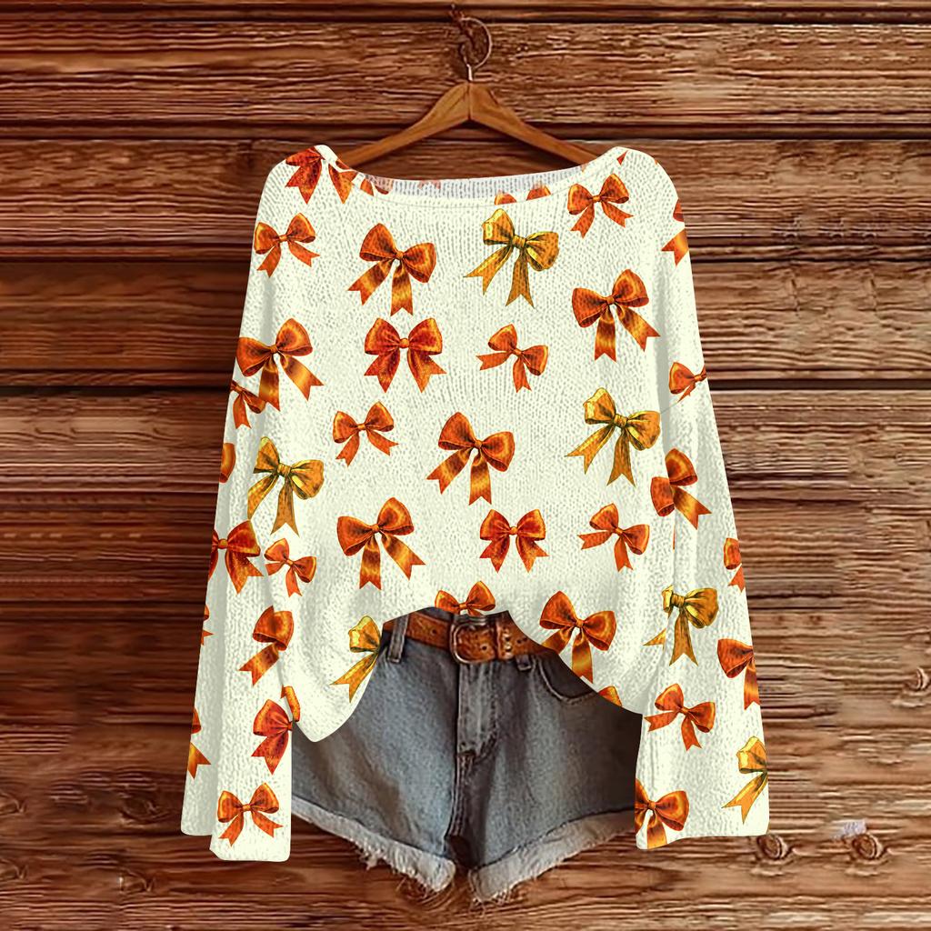 Womens  Fall Sweaters Long Sleeve Print Tops Pullover Sweaters Loose Dressy Casual Basic Clothes
