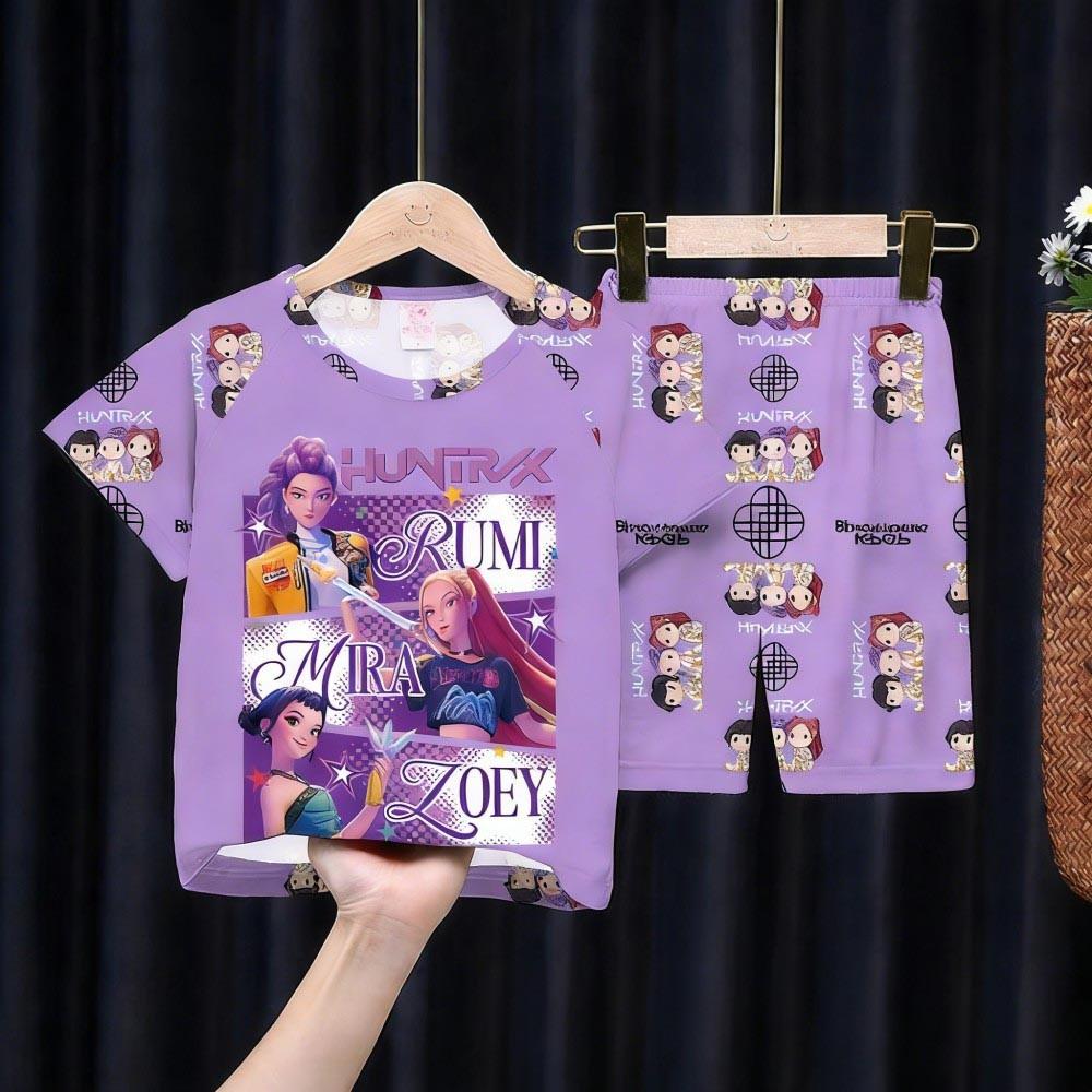 Kids Girls Boys 2PCS Pajamas Set K-pop Style Anime Short Sleeve T-shirt + Shorts Summer Comfortable Children Homewear Nightwear