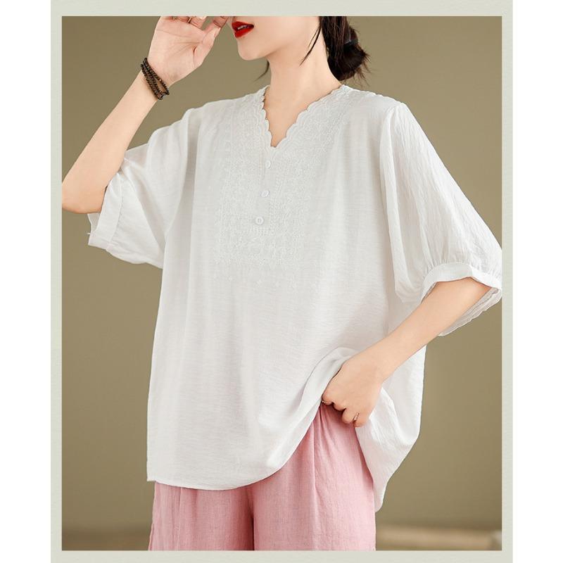 Summer Cotton Linen Art Retro Ethnic Style Heavy Embroidery Simple Top T-shirt for Women