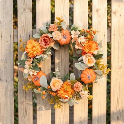 Fall Wreath with Pumpkins Harvest Autumn Decorative for Thanksgiving