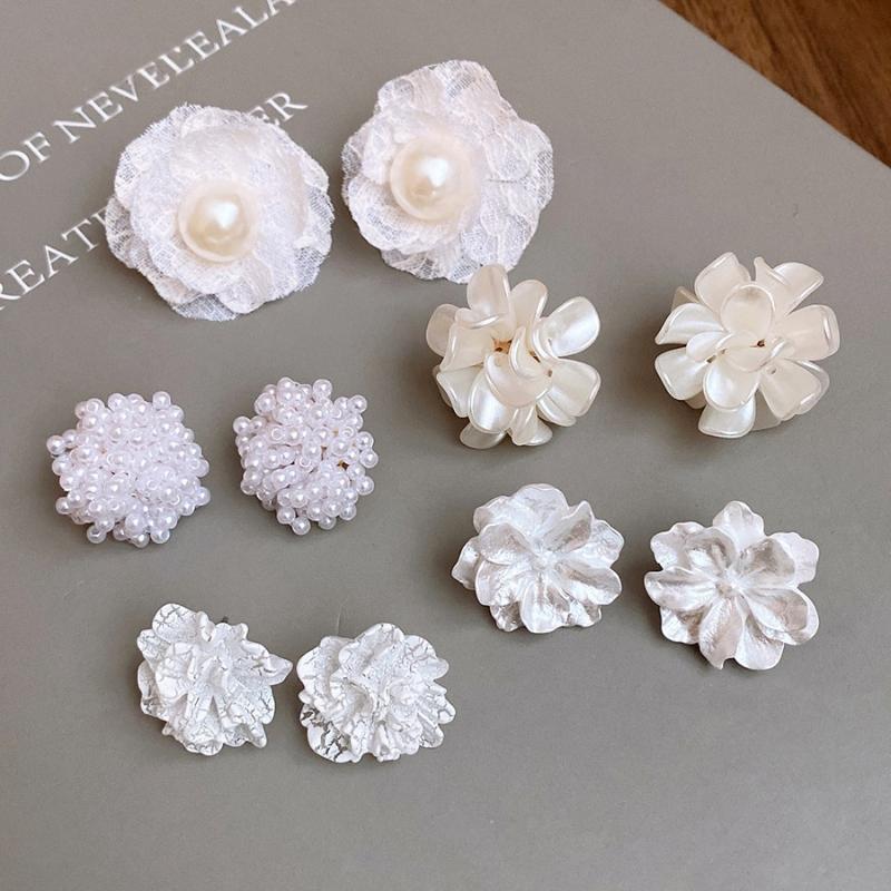 White Camellia Earring Set 10Pcs Fashion Imitation Pearl Studs For Girls Women Dinner Wedding Event ONESIZE
