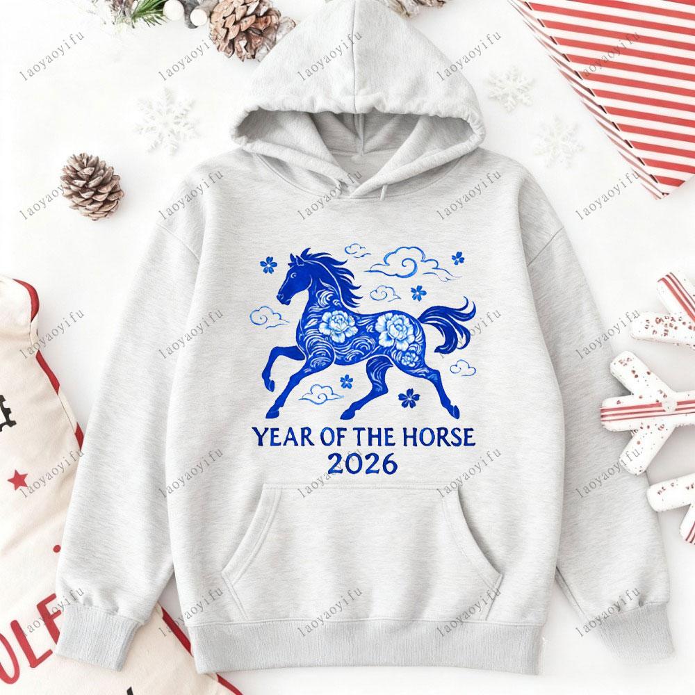 Year of The Horse 2026 Lunar Happy New Year Chinese Traditional Unisex Hoodies Horse Year Zodiac Long Sleeve Pullover Sweatshirt