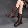 Stiefel im britischen Stil mit niedrigem Absatz und mittlerer Wade, Retro-Schnürschuhe aus echtem Leder für Damen