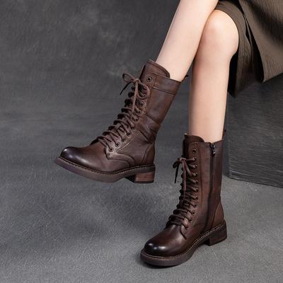 Stiefel im britischen Stil mit niedrigem Absatz und mittlerer Wade, Retro-Schnürschuhe aus echtem Leder für Damen