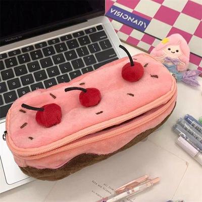 Plush Pencil Case Large Capacity Kawaii Cherry Cake Design Fuzzy Cute School Supplies Stationery Organizer Pouch Holder For Girl