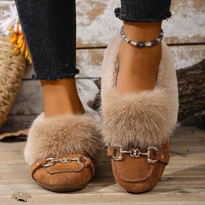 Winter Retro Warm Fluffy Shallow Mouth Single Shoes for Women Fashion Versatile Plush Comfortable Casual Cotton Flat Shoes