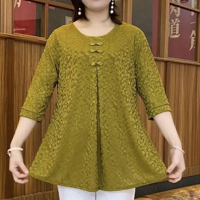Commute Chinese Disc Buckle Blouse Vintage Women's Fashion Jacquard Weave Spring Autumn O-Neck Casual Half Sleeve Shirt