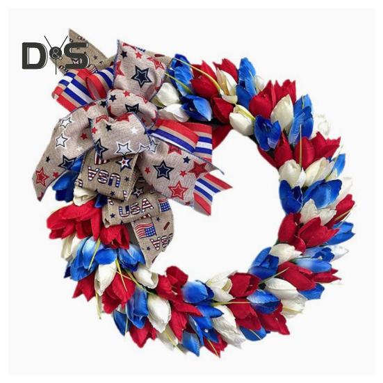 

Венок на 4 июля 15-дюймовый патриотический цветочный венок с бантом из мешковины, гирлянда ручной работы на День независимости, украшение для входной двери, стены, домашний декор A