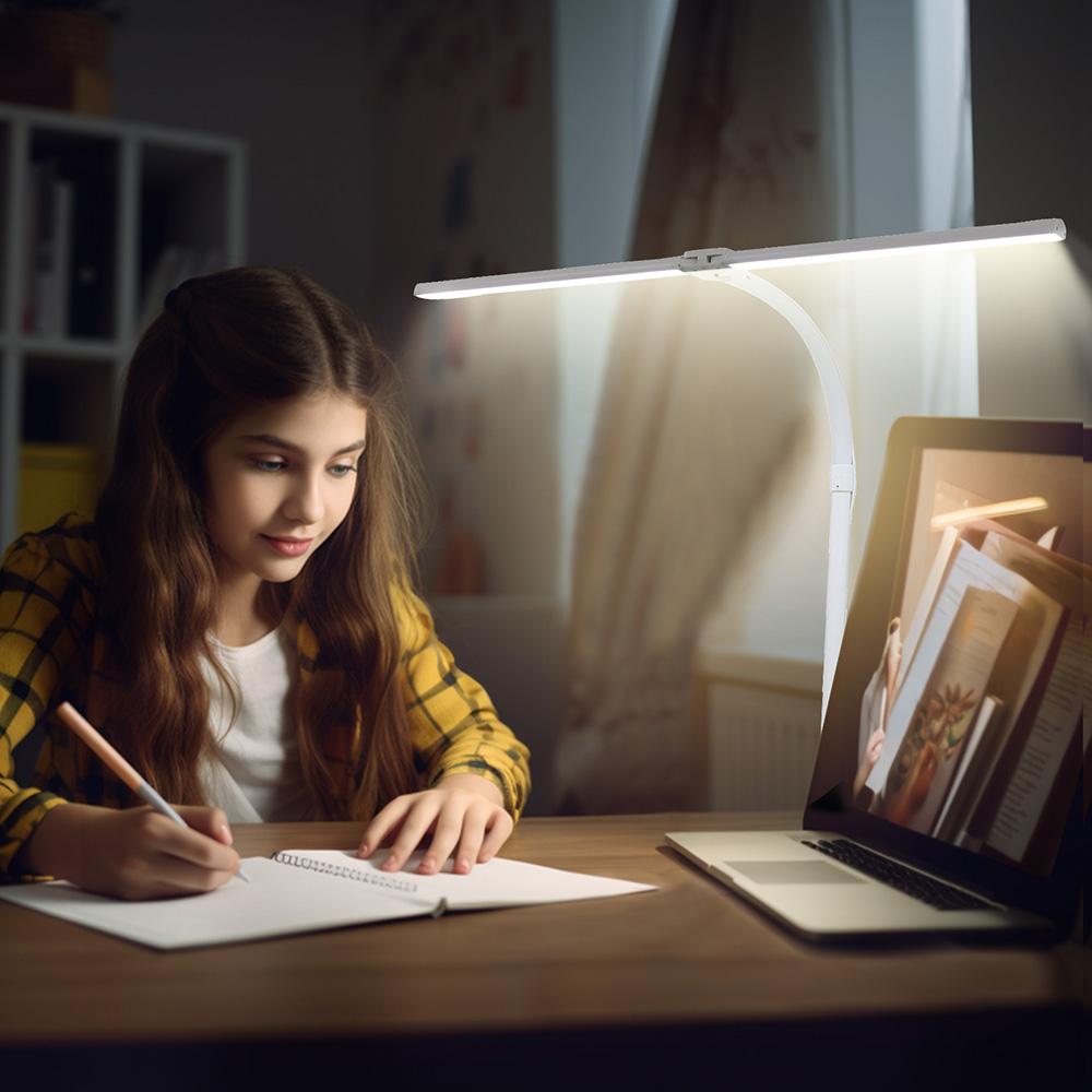 24W LED Double Head Swing Arm Desk Architect Lamp Dimmable 360° Gooseneck Lamp Reading Table Light with Remote Control Clip