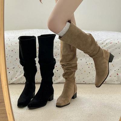 Damskie Buty do Kolan Vintage Elastyczne Modne Długie Botki Plisowane Damskie Codzienne Buty na Niskim Obcasie