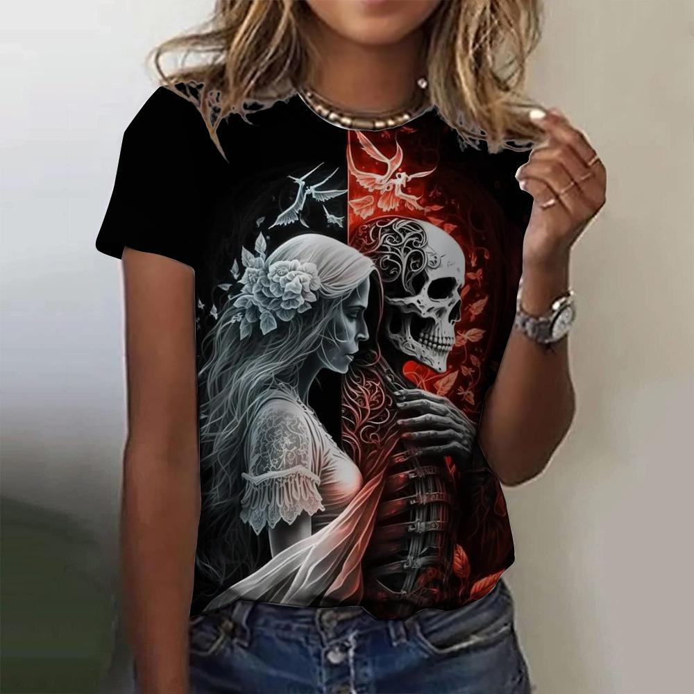 Summer Round Neck 3D Skull Print Top Fashionable Casual Short Sleeved Women's T-shirts