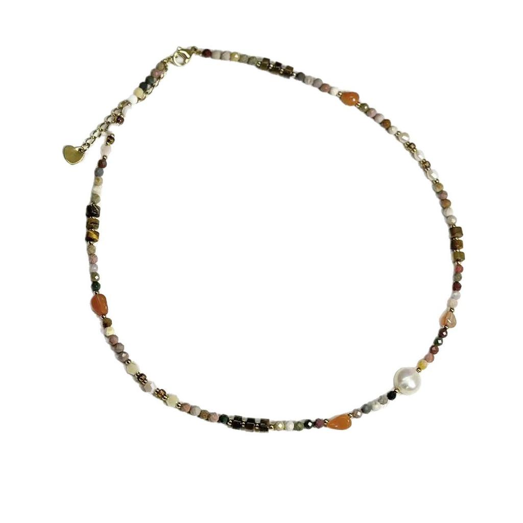 Retro Beaded Necklace with Egg Yolk Stone, Freshwater Pearl, and Clavicle Chain in Ethnic Style
