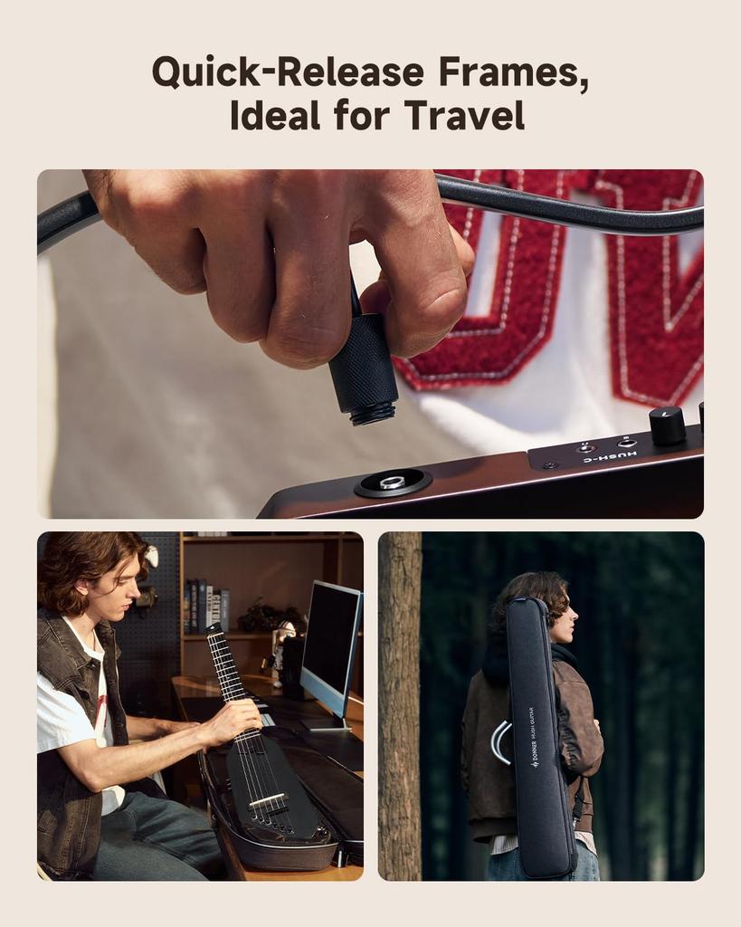 Donner HUSH C Classical Guitar, Nylon String, Electric Guitar, Headless, with Earphone Output and Built-in Tuner, Black