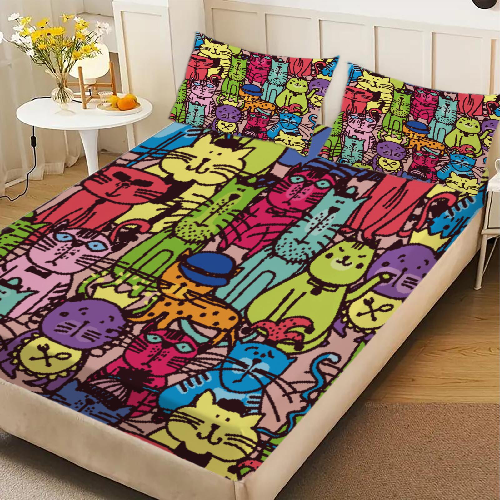

3pcs Fitted Sheet Set Colorful Cats Pattern Print Design Stain Resistant Durable Bed Sheet With Pillowcases For Bedroom Decor 99x190x25cm