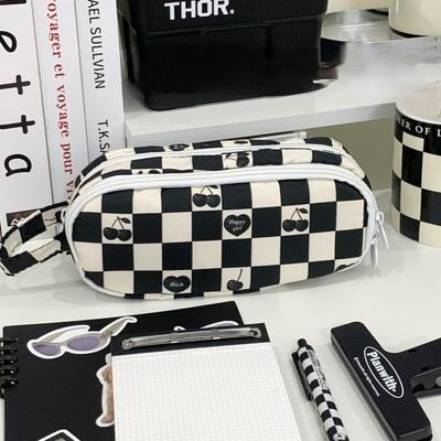 1 Pc Fashion Student Pencil Case Classic Checkboard Stationery Pencil Bag Black White Color High Capacity Scrapbook Storage Bag