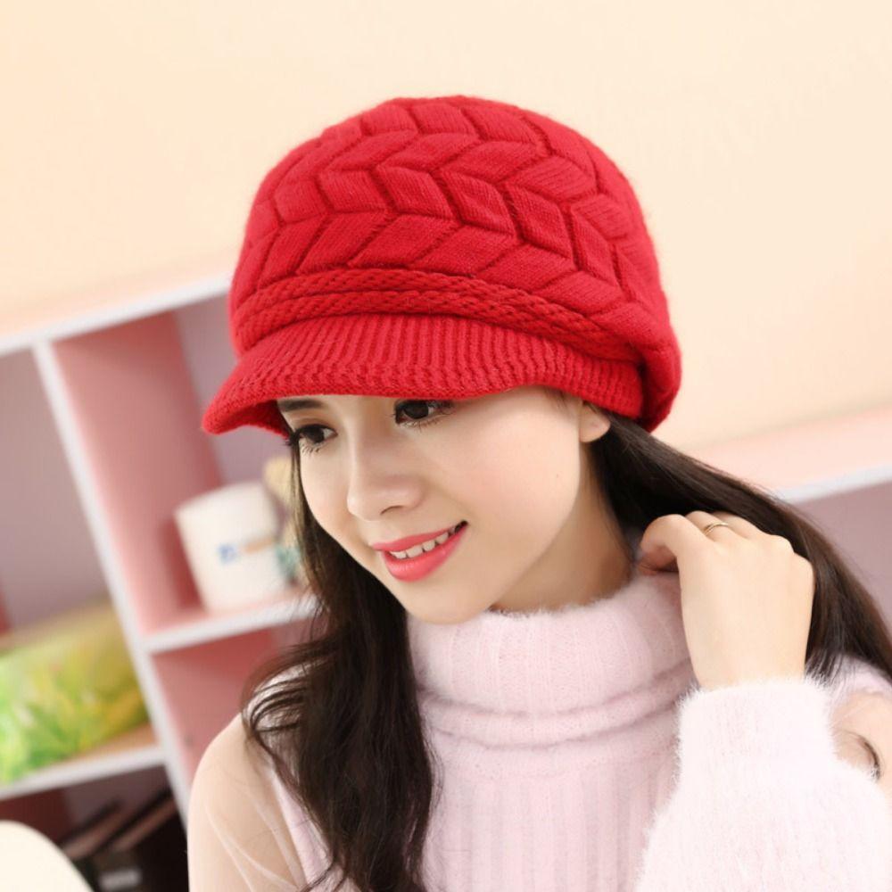 Winter Striper Knitted Cap Ear Protection Thicken Knit Hat Solid Color Women Beret Cap  Women Girls