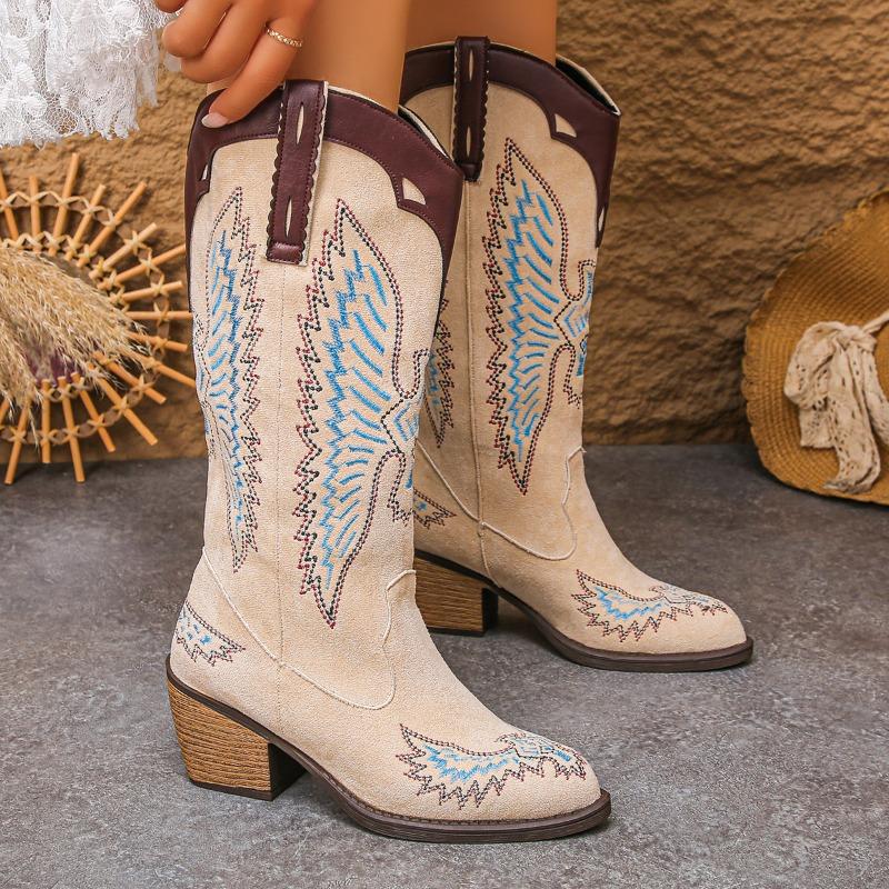Fashion Retro 2025 Plus Size Women's New Embroidered Mid-leg Boots