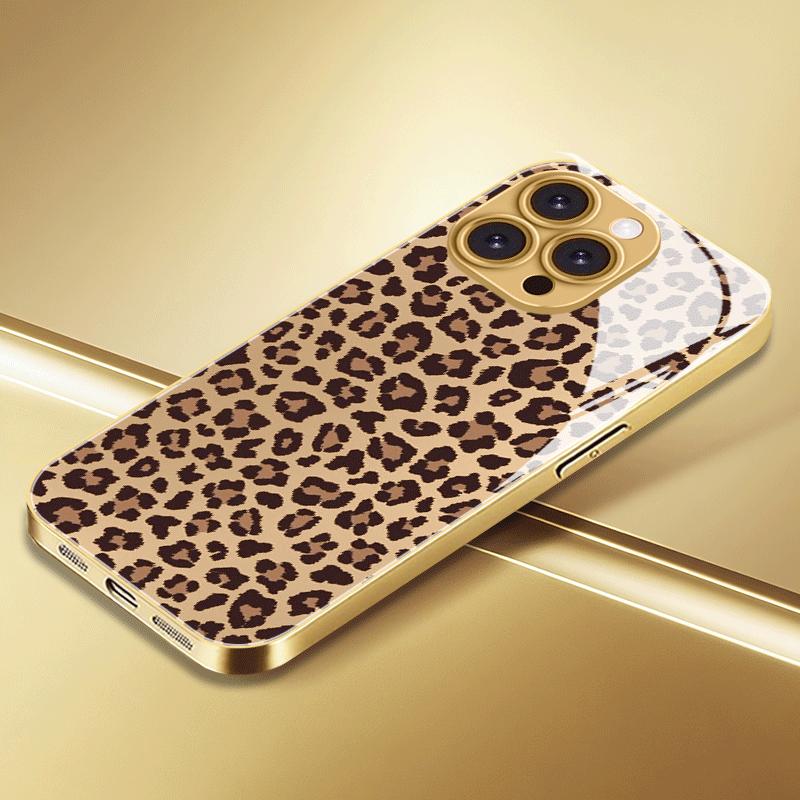 Leopard print metal paint tempered glass phone case suitable for iPhone17 16 15 14 13 12 11Pro Max Plus anti drop and shockproof