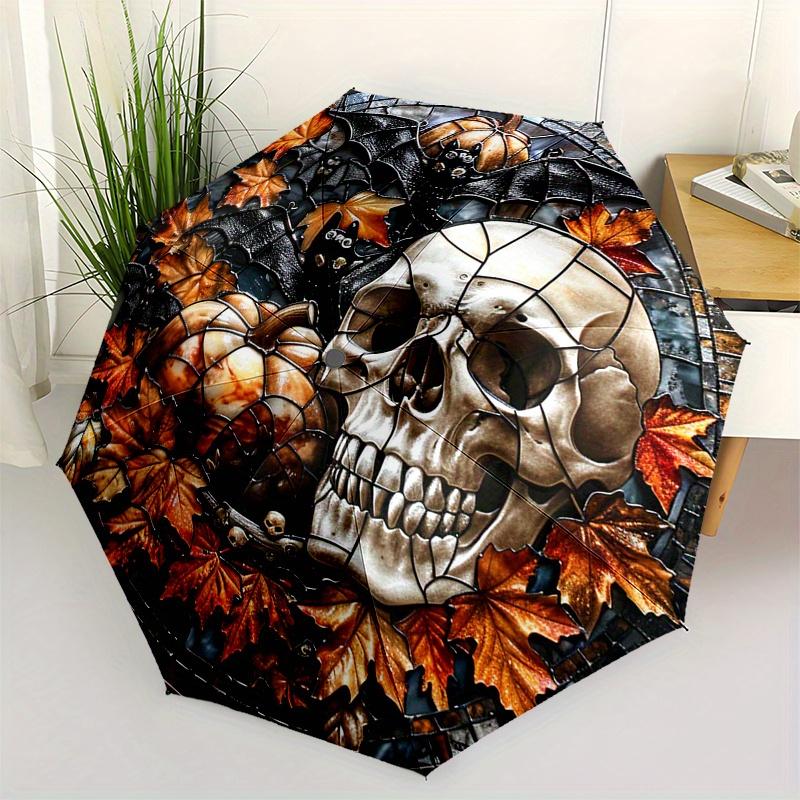 Halloween Skull & Pumpkin Stained Window PanelUmbrella, Portable 3-Fold Compact Umbrella for Men & Women Gift
