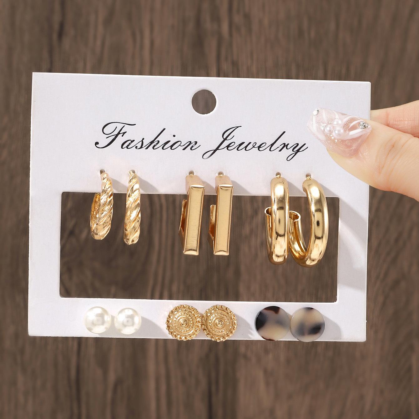 European and American new ins wind metal sense geometric round bead pearl earrings set creative personalized ear jewelry