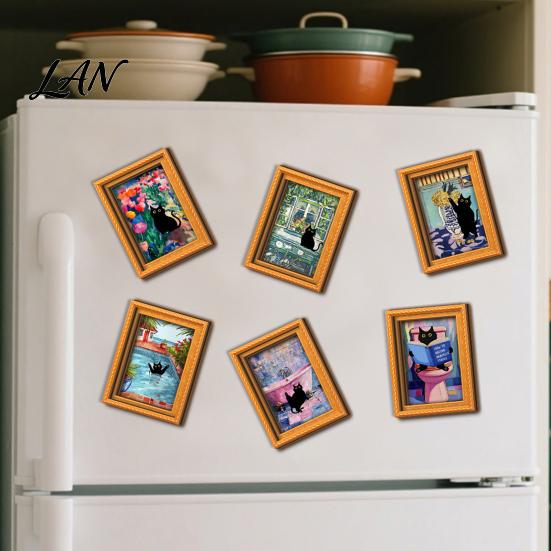 Decorative Fridge Magnets Oil Painting Cat Refrigerator Magnet, Wooden Frame Black Pattern Magnet Decor Theme Retro Rectangle Magnetic Decoration Home