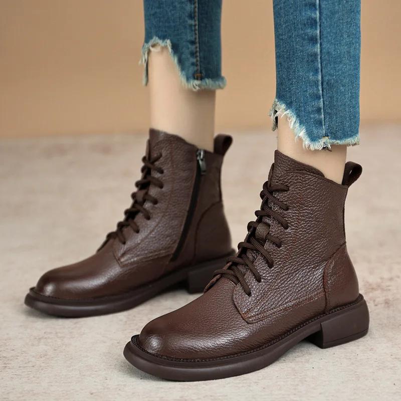 Autumn New Casual Genuine Leather Women Ankle Boots Soft Low-heeled Non-slip Retro Women's Shoes Platform Boots