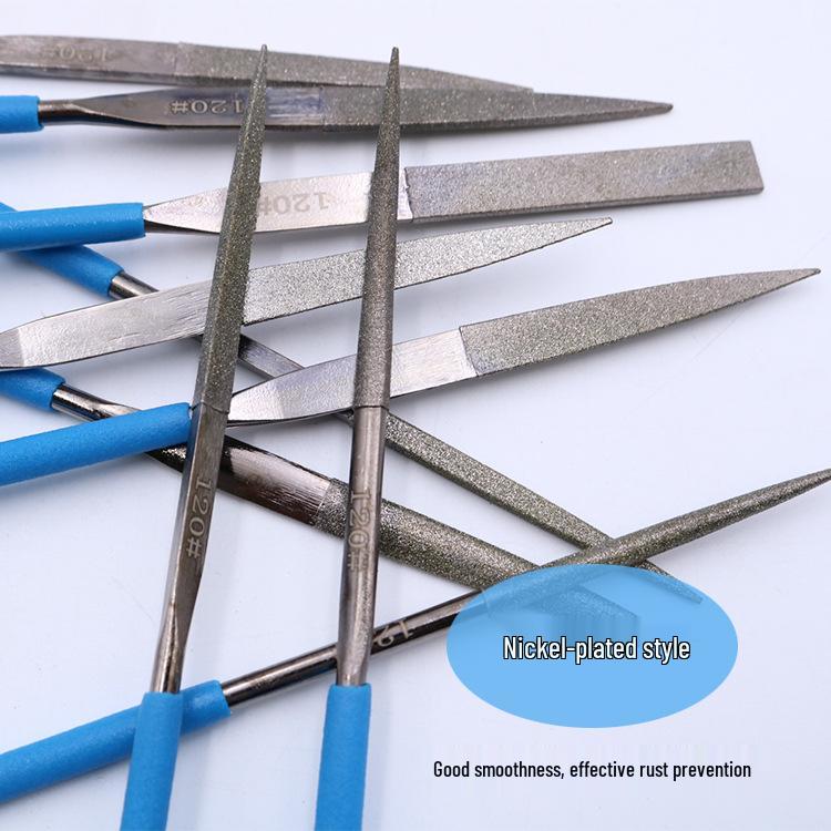 Titanium-Plated Diamond Needle File Set: Flat, Round, Bevel & Triangle Files for Metal Grinding.