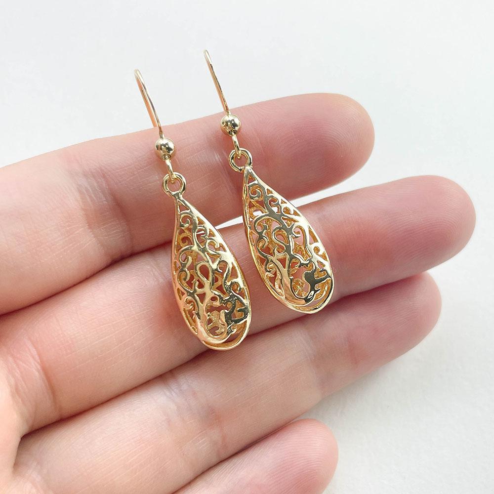 Grace Hollow Out Filligree Vine Tree of Life Teardrop Hook Drop Dangle Earrings For Women Girls Brass Gold Color Jewelry Aros