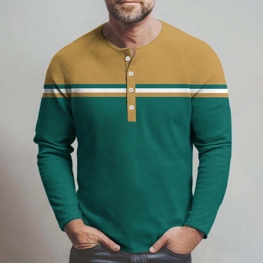 Pánský volný ležérní top s límečkem na knoflíčky a dlouhým rukávem