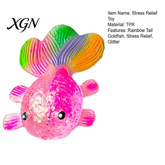 Anxiety Relief Toy Rainbow Tail Goldfish Squeeze Stress Clear Glitter Fish Sensory Portable Reliever Soft Stretchy Shape Home Office Desk Ball