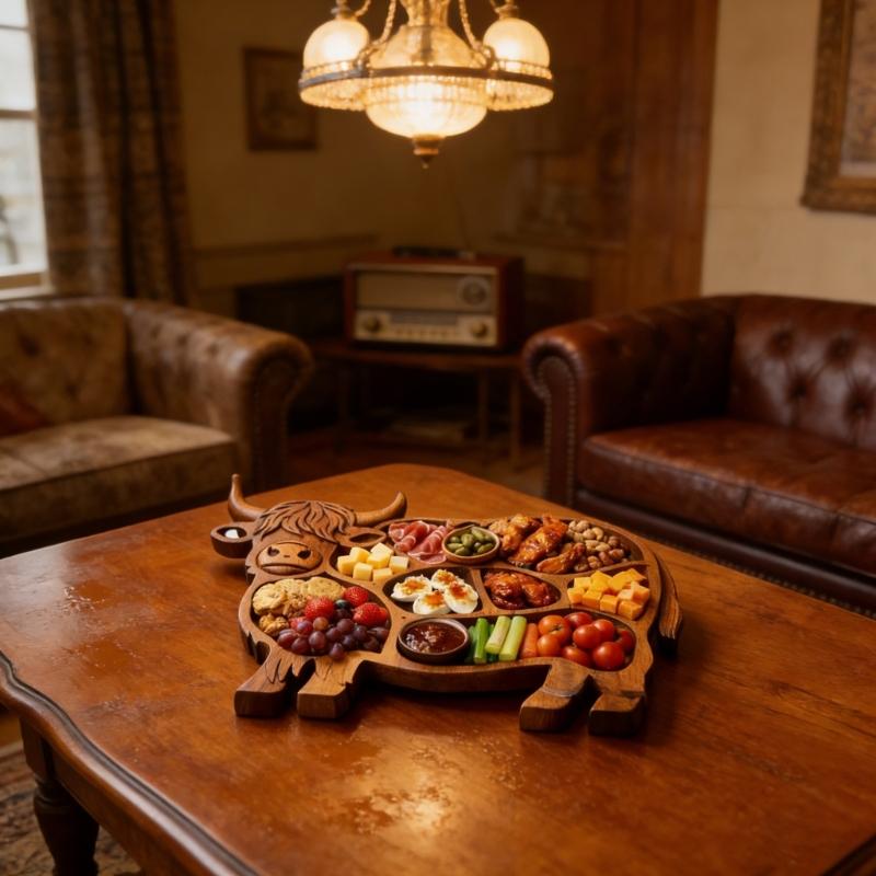 Wood Serving Tray with High Land Cow Design Charcuterie Board Food Platter for Appetizer Presentation Party Use Gift