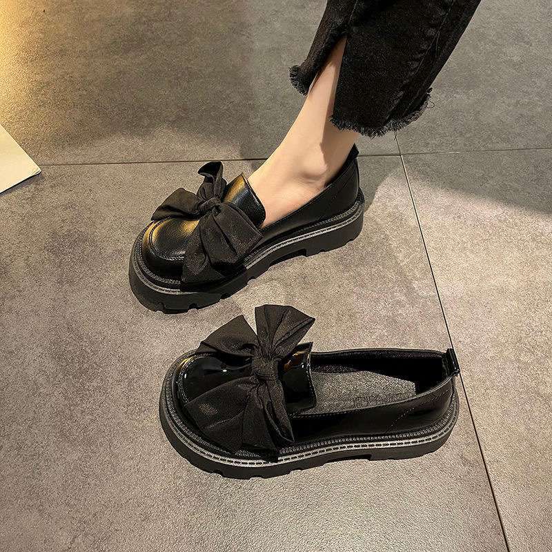 Black loafers women's new summer niche bow platform British style small leather shoes retro shoes single shoes women's shoes
