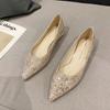 Crystal Shoes Sequins Low Heels Women's Pointed Flat Bottom Celebrity Silver Maternity Bride Wedding Shoes