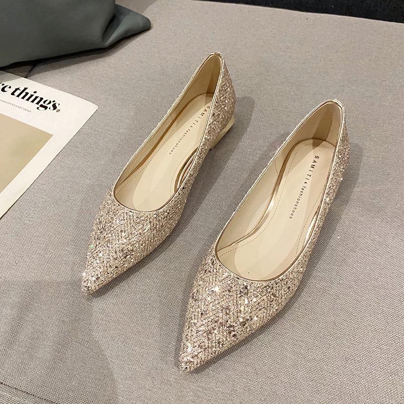 Crystal Shoes Sequins Low Heels Women's Pointed Flat Bottom Celebrity Silver Maternity Bride Wedding Shoes