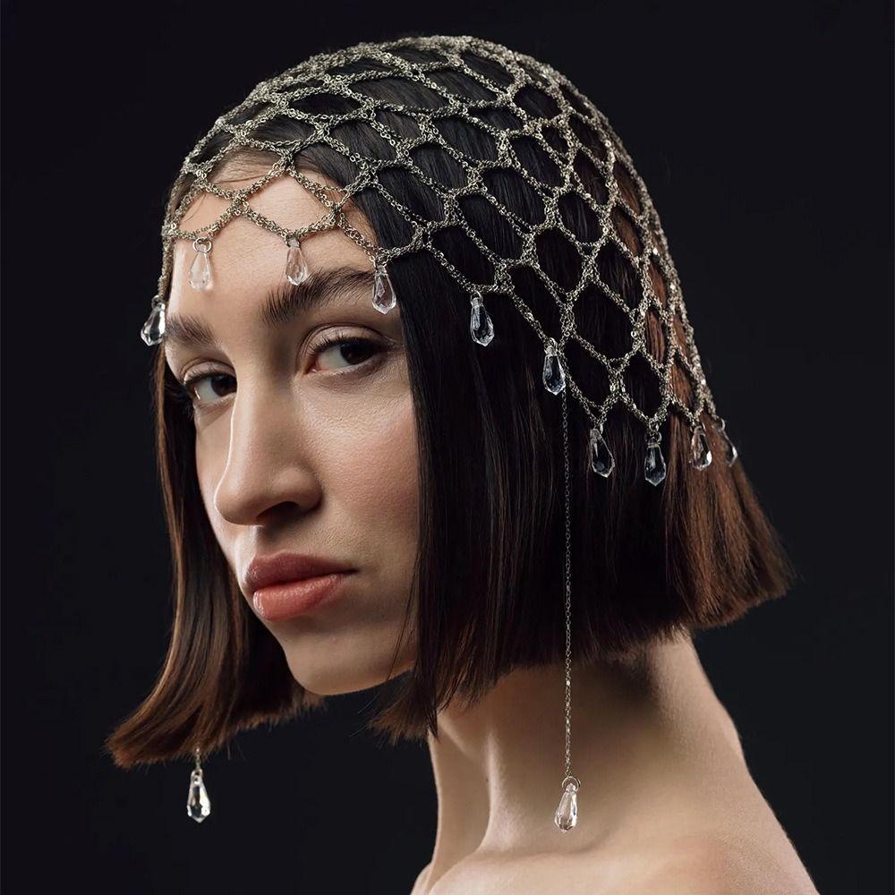 Crystal Tassel Rhinestone Headpiece Beaded Mesh Bridal Head Chain Women Party Headwear