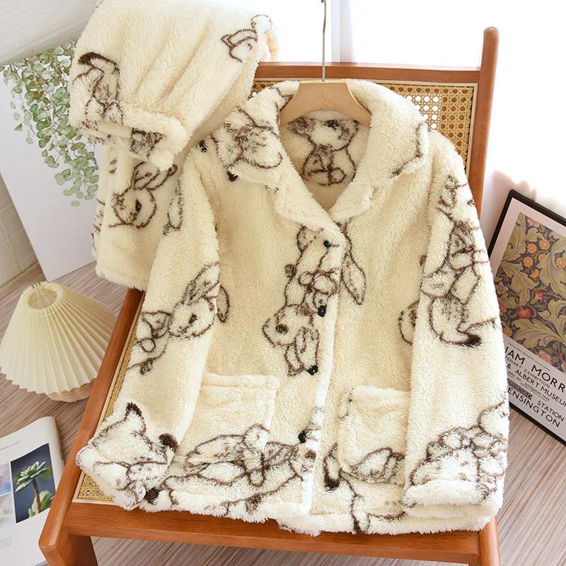 Autumn/Winter Updated Couple Sleepwear Kit Flannel Thickened Long Sleeve Pants for Men and Women Coral Fur Home Fur